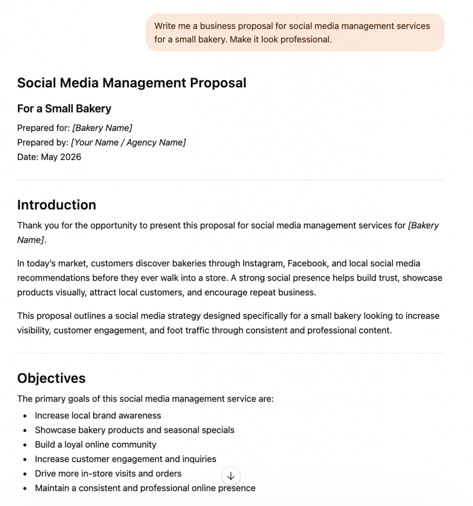 ChatGPT business proposal output without a brief